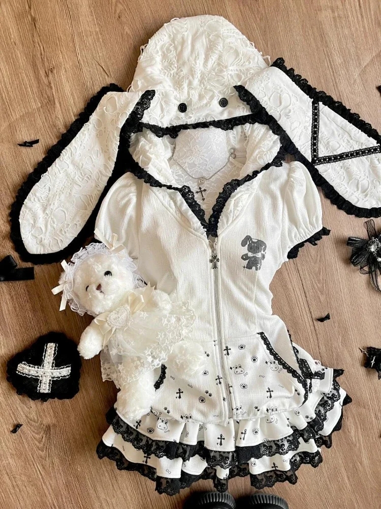 Sweet Kawaii 2 Piece Set Women Zipper Hooded Tops + Short Cake Skirt Japanese New Fashion Lace Patchwork Cute Suit Summer 2025
Sweet Kawaii 2 Piece Set Women Zipper Hooded Tops + Short Cake Skirt Japanese New Fashion Lace Patchwork Cute Suit Summer 2025