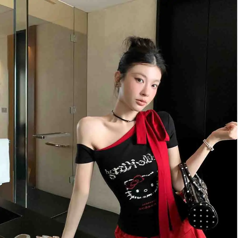 Hello Kitty Women's Summer Pajama Off-Shoulder Strap Detail Contrast Color Slim Fit Stretchy Short Sleeve Cute Casual Y2K Top
Hello Kitty Women's Summer Pajama Off-Shoulder Strap Detail Contrast Color Slim Fit Stretchy Short Sleeve Cute Casual Y2K Top