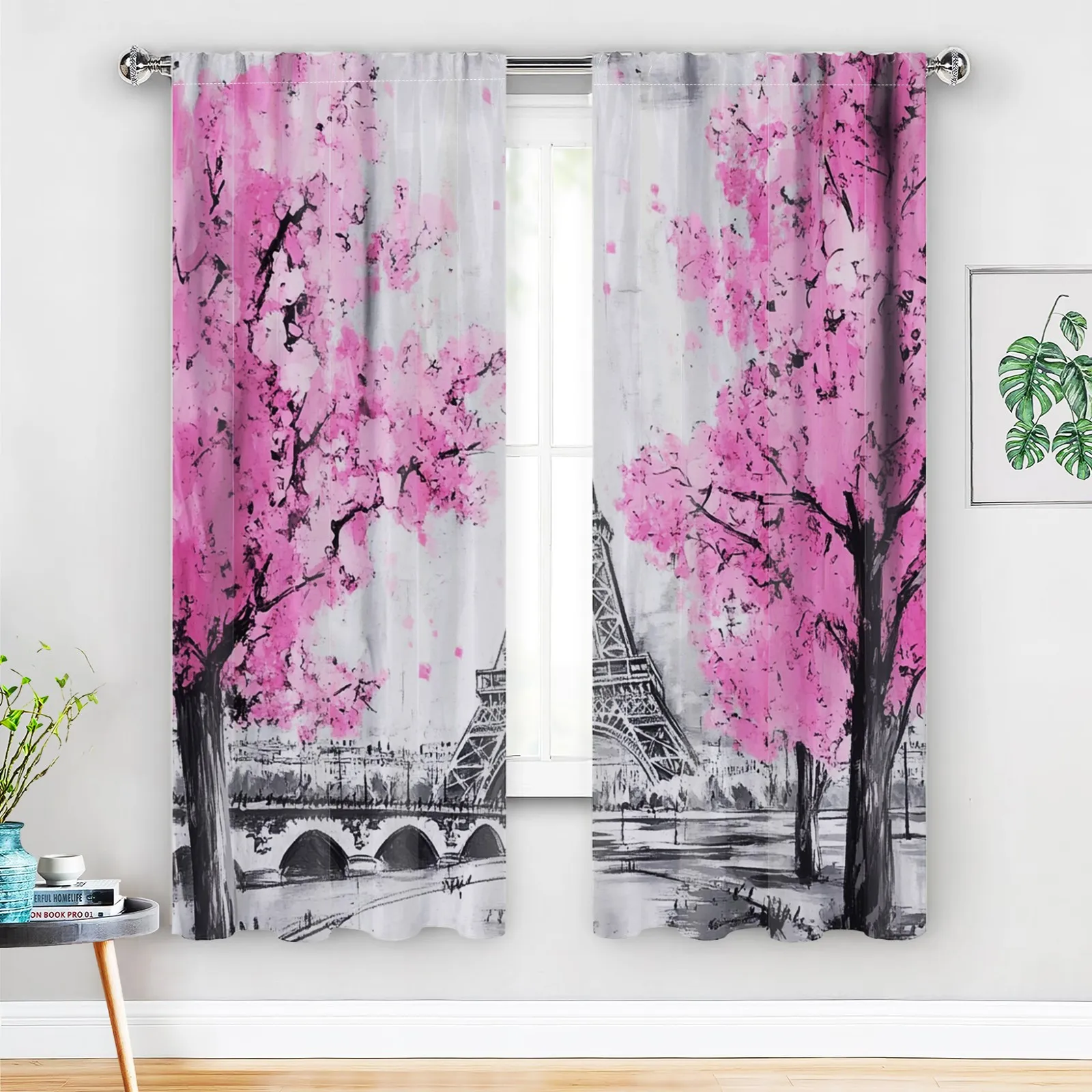 2 шт. романтические шторы с Эйфелевой башней Сакура, Париж, полиэфирная ткань, можно стирать в машине, подходят для спальни и гостиной