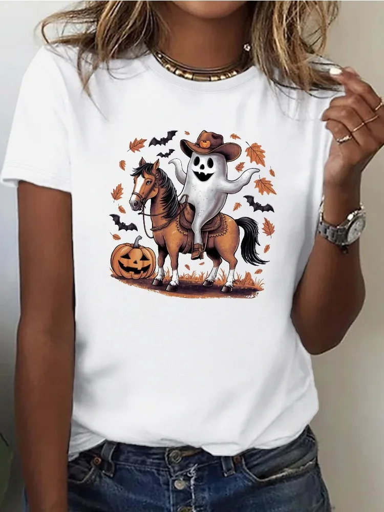 Ghost Cowboy Halloween Scene Casual Versatile Women's T-Shirt Round Neck Short Sleeve Comfortable Soft Cotton Summer Fashion Top
Ghost Cowboy Halloween Scene Casual Versatile Women's T-Shirt Round Neck Short Sleeve Comfortable Soft Cotton Summer Fashion Top