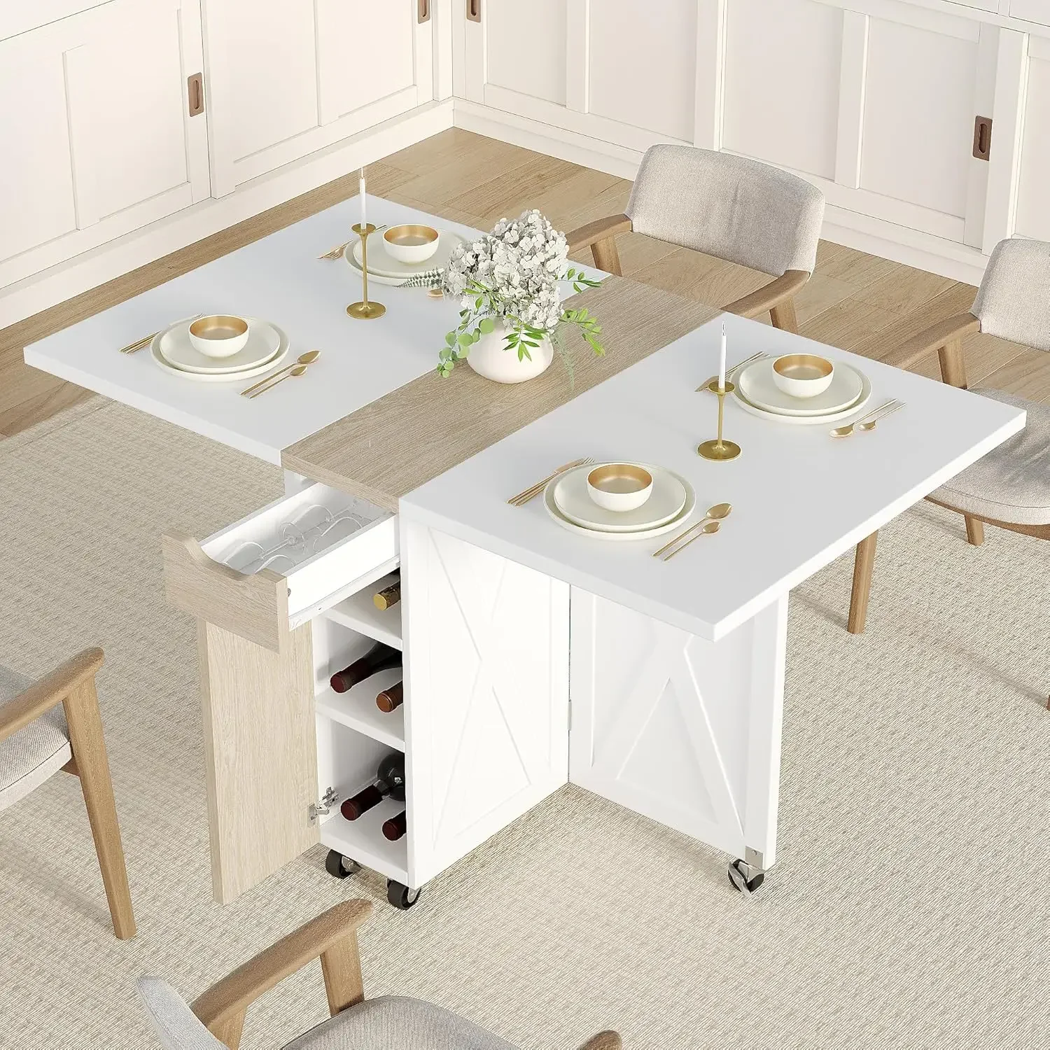 White Oak Foldable Dining Table With Drop Leaves Six Wheels Two Layer Storage Rack Drawer For Small Kitchen Spaces
White Oak Foldable Dining Table With Drop Leaves Six Wheels Two Layer Storage Rack Drawer For Small Kitchen Spaces