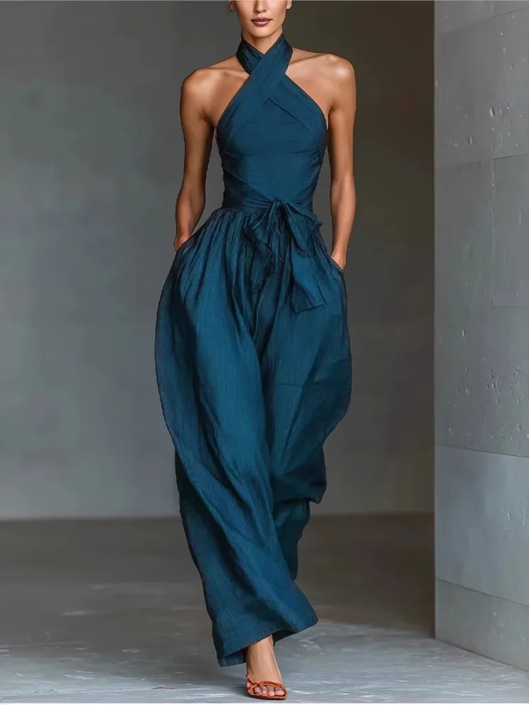 Chic Sexy Cross Halter Backless Jumpsuit Woman Spring Elegant Solid Tie Waist Romper Vintage Hollow Wide Leg Pocket Overalls
Chic Sexy Cross Halter Backless Jumpsuit Woman Spring Elegant Solid Tie Waist Romper Vintage Hollow Wide Leg Pocket Overalls