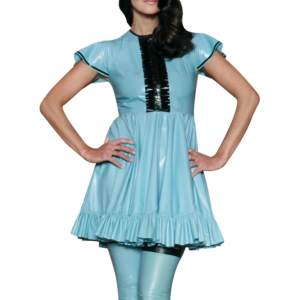Lake Blue Sexy Latex Dresses With Circular Cap Sleeves Full Zipper Ruffles At Bottom Rubber Bodycon Playsuit LYQ-0374
Lake Blue Sexy Latex Dresses With Circular Cap Sleeves Full Zipper Ruffles At Bottom Rubber Bodycon Playsuit LYQ-0374