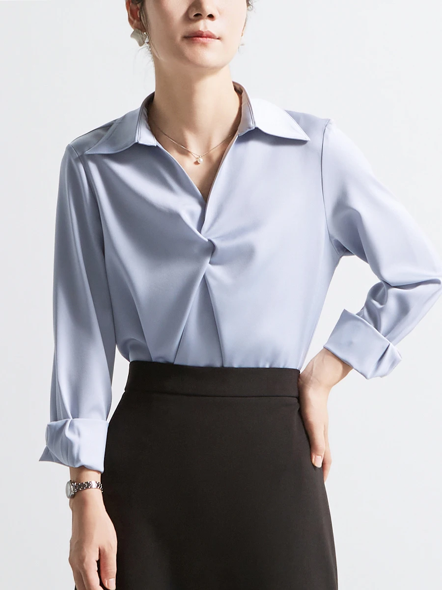 Blue Satin Long Sleeve Shirt Women's Spring Autumn V-neck Professional Commute Style Drapey Shoulder Fit Shirt by CHICBLISS
Blue Satin Long Sleeve Shirt Women's Spring Autumn V-neck Professional Commute Style Drapey Shoulder Fit Shirt by CHICBLISS