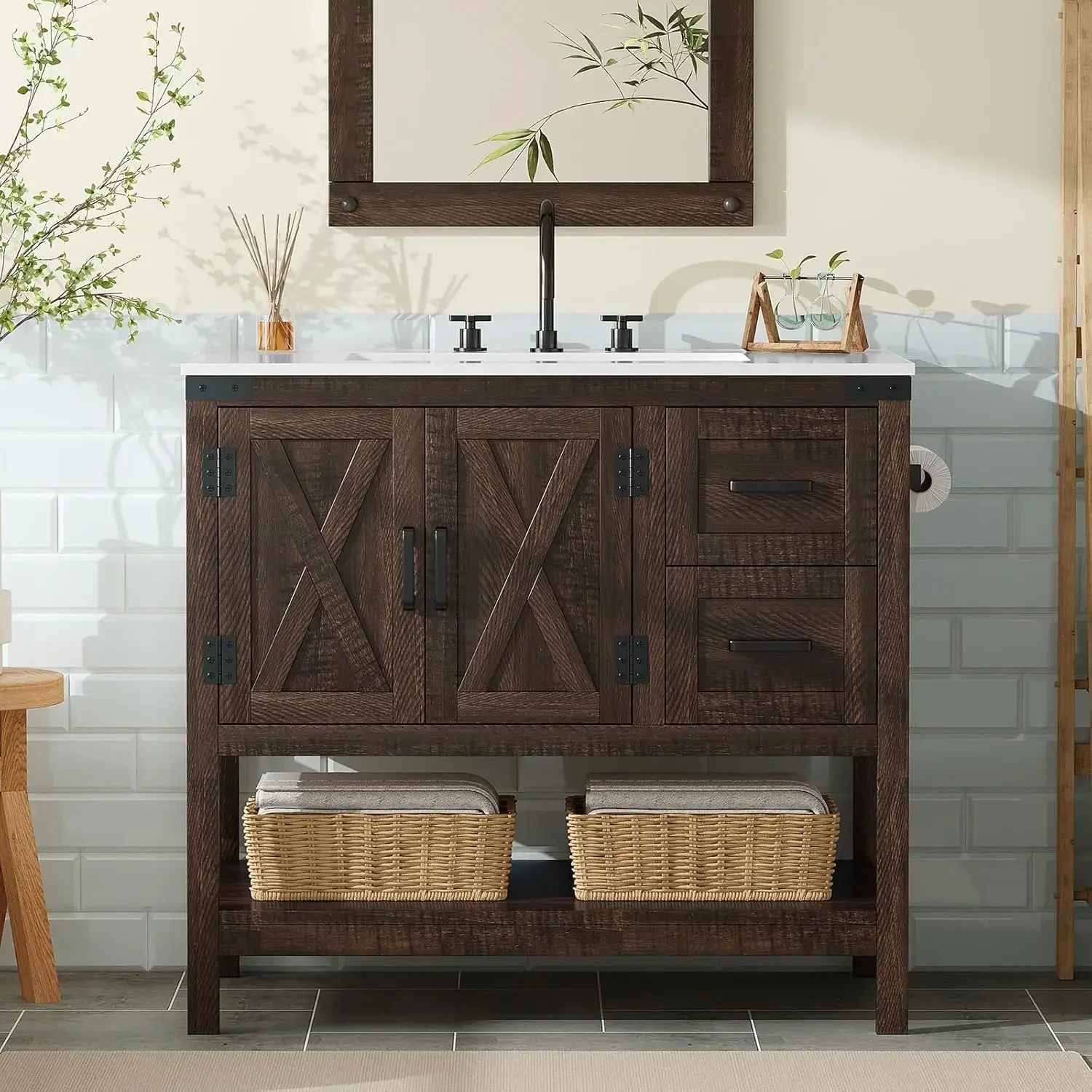 36" Farmhouse Bathroom Vanity Sink Combo Wood Barn Door Storage Sliding Drawers Open Shelf Rustic Brown, Customized
36" Farmhouse Bathroom Vanity Sink Combo Wood Barn Door Storage Sliding Drawers Open Shelf Rustic Brown, Customized