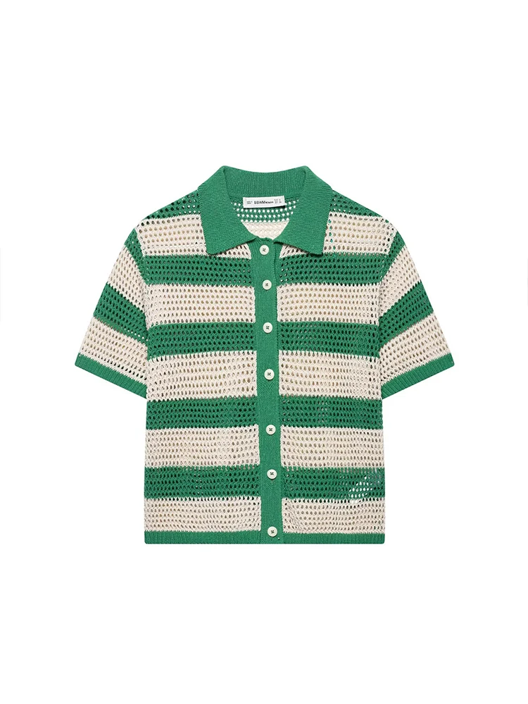 KUCLUT Women Fashion Striped Single Breasted Knitted Sweater Vintage Lapel Neck Short Sleeves Female Chic Lady Tops Outfits
KUCLUT Women Fashion Striped Single Breasted Knitted Sweater Vintage Lapel Neck Short Sleeves Female Chic Lady Tops Outfits