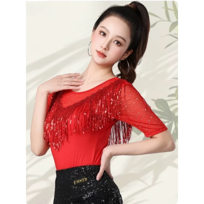 Women Round Neck Sequin Tassel Backless Short Sleeve Latin Dance Top Summer Multi Color Modern Training Dancewear Line dance top
Women Round Neck Sequin Tassel Backless Short Sleeve Latin Dance Top Summer Multi Color Modern Training Dancewear Line dance top