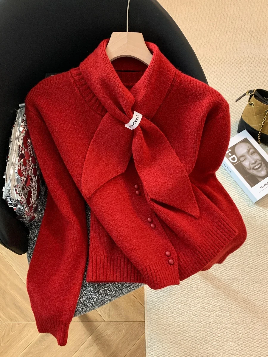 Soft Cozy Knitted Sweater Women's Autumn Winter Red New Year Cashmere Necktie Loose Fit Long Sleeve round Neck Single Button
Soft Cozy Knitted Sweater Women's Autumn Winter Red New Year Cashmere Necktie Loose Fit Long Sleeve round Neck Single Button