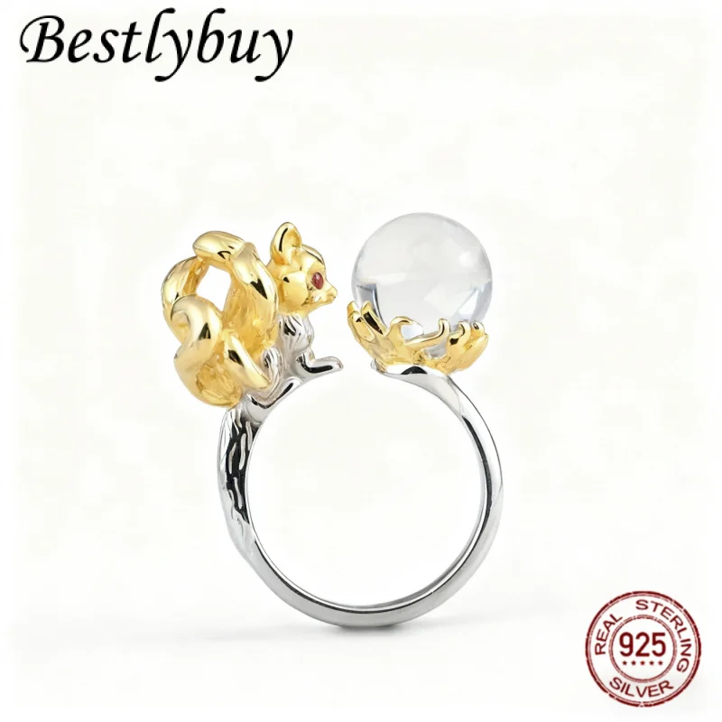 925 Pure Silver Gold-plated Inlaid With Natural White Crystal Personalized Fox Pendant/ring Women's Retro Fashion Cute Jewelry
925 Pure Silver Gold-plated Inlaid With Natural White Crystal Personalized Fox Pendant/ring Women's Retro Fashion Cute Jewelry