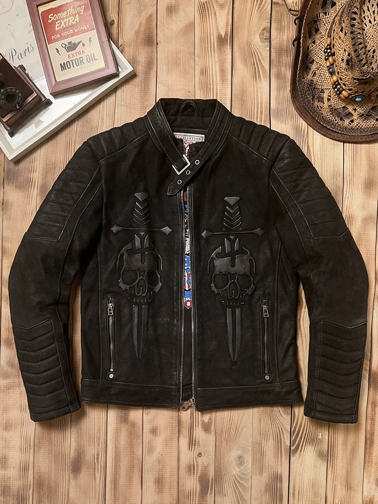 Black Winter Leather Jacket Men Vintage Style Plus Size 5XL Genuine Natural Thick Cowhide Stand Collar Skulls Pattern Coat
Black Winter Leather Jacket Men Vintage Style Plus Size 5XL Genuine Natural Thick Cowhide Stand Collar Skulls Pattern Coat