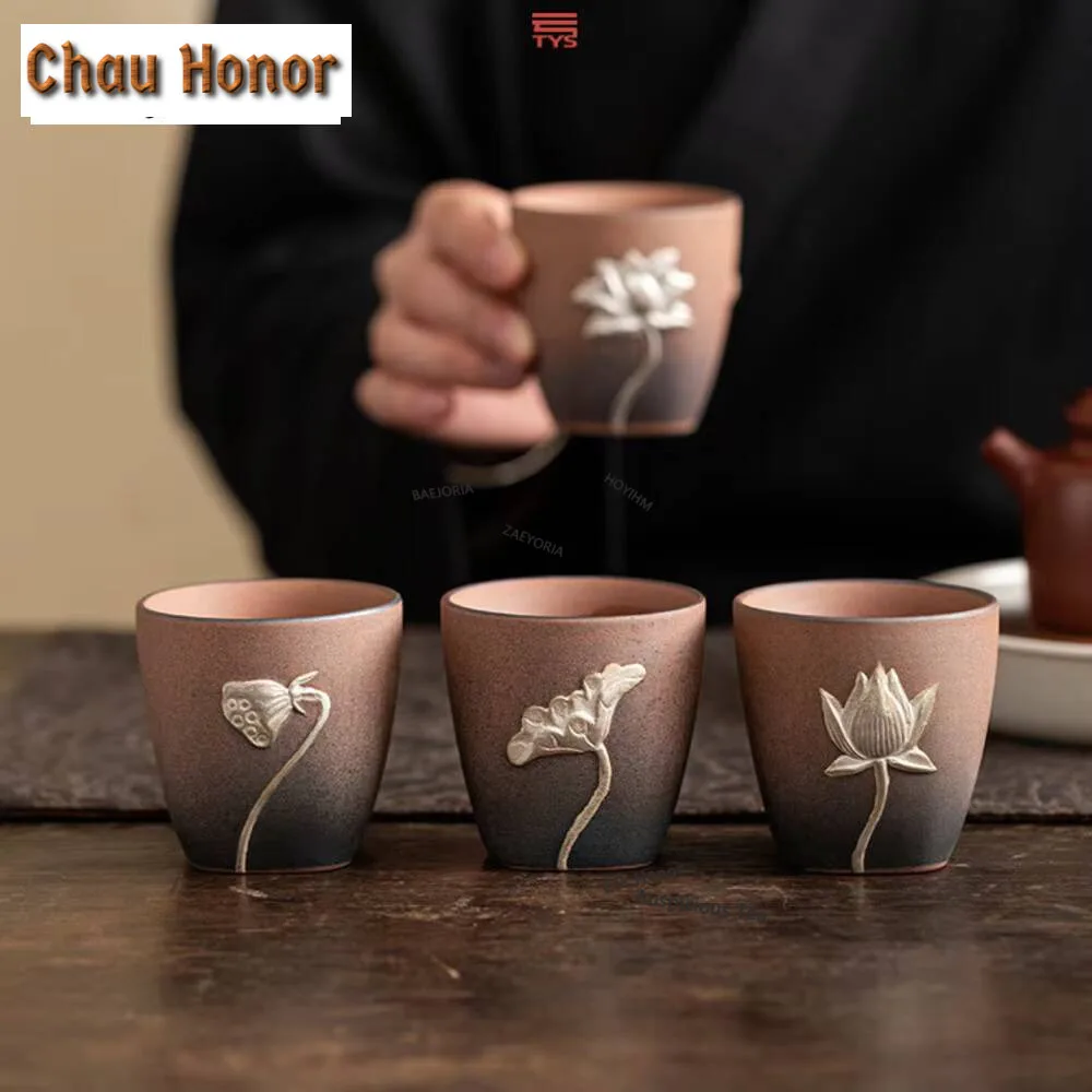 100ml Chinese Old Rock Mud Teacup Handmade Gilded Silver Lotus Flower Master Cup Rough Pottery Meditation Cup Kung Fu Teaware
100ml Chinese Old Rock Mud Teacup Handmade Gilded Silver Lotus Flower Master Cup Rough Pottery Meditation Cup Kung Fu Teaware