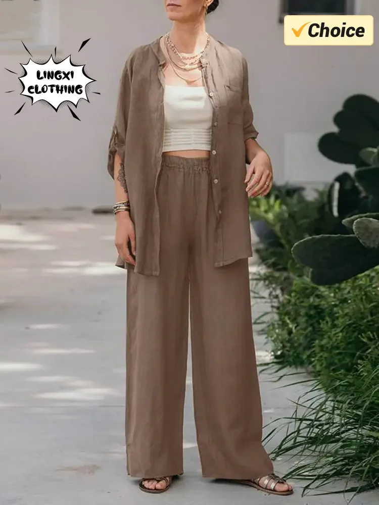 2024 Summer New Fashion Casual Set Solid Color Polo Collar Long Sleeve Shirt Top Wide Leg Pants Large Size Two Piece Set
2024 Summer New Fashion Casual Set Solid Color Polo Collar Long Sleeve Shirt Top Wide Leg Pants Large Size Two Piece Set