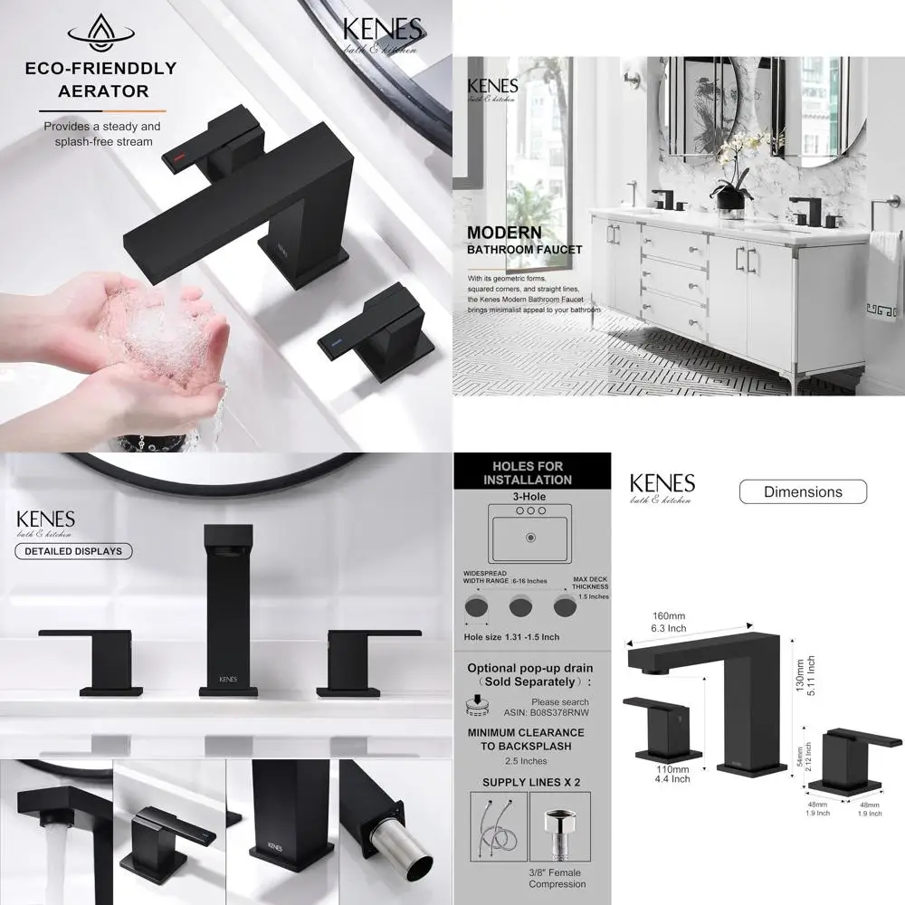 Two-Handle Matte Black Bathroom Faucet, 8 3-Hole Widespread Sink Fixture with 3-Piece Vanity Set, KE-9050-2
Two-Handle Matte Black Bathroom Faucet, 8 3-Hole Widespread Sink Fixture with 3-Piece Vanity Set, KE-9050-2