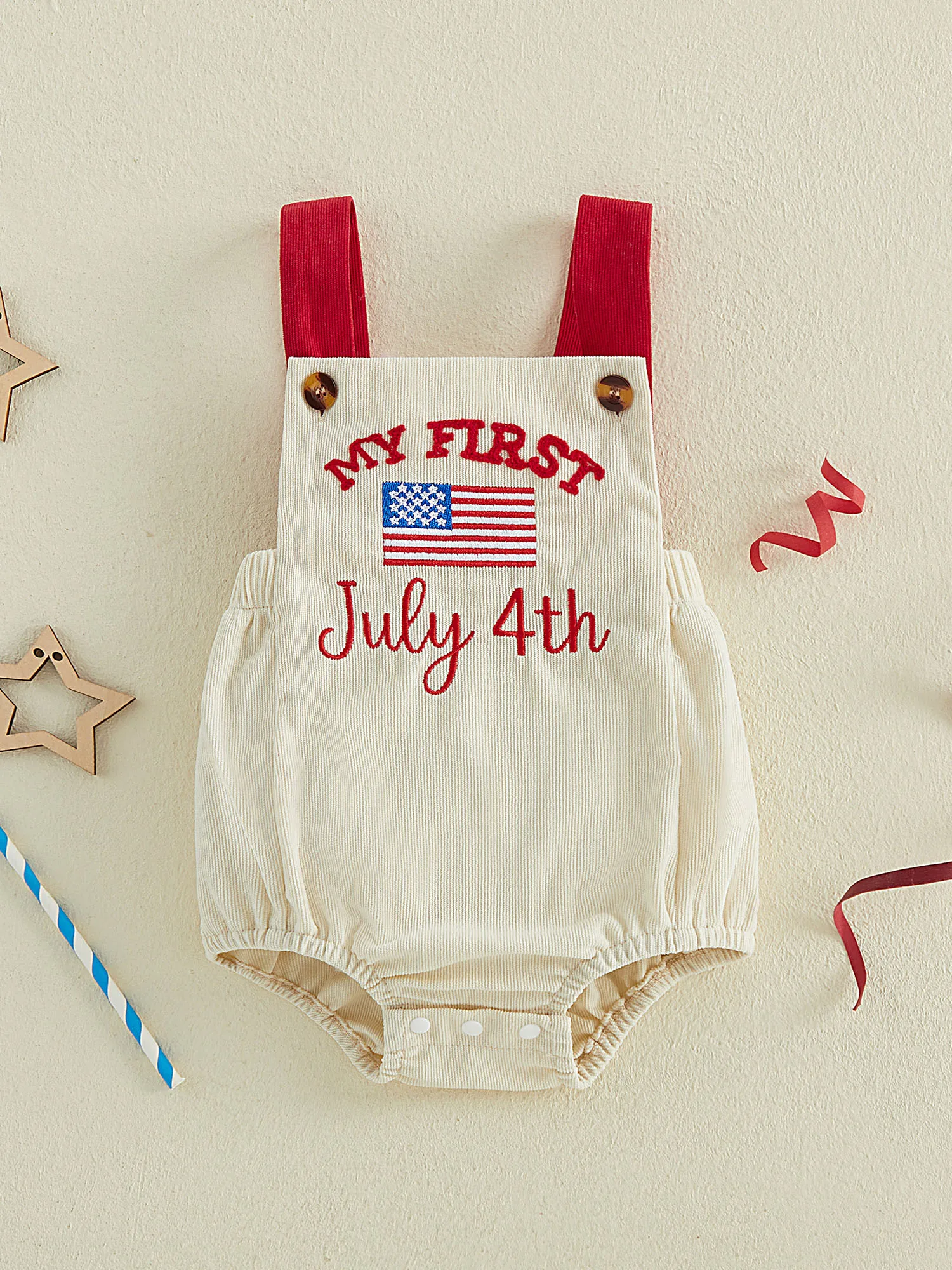 Independence Day Romper for Baby Boys Girls with USA Flag Embroidery Sleeveless Square Neck Corduroy Jumpsuit for 4th of July
Independence Day Romper for Baby Boys Girls with USA Flag Embroidery Sleeveless Square Neck Corduroy Jumpsuit for 4th of July