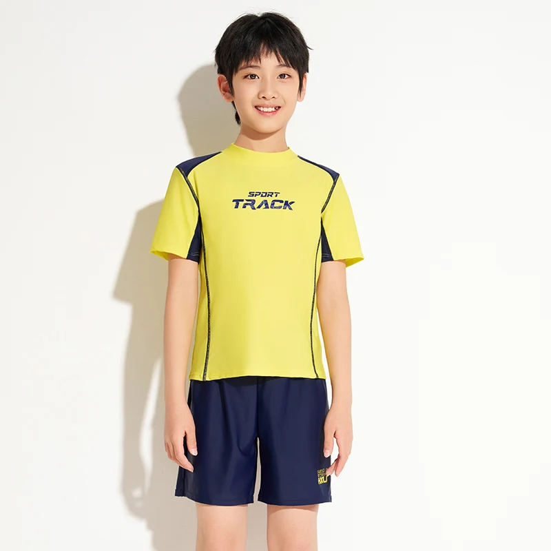 Boy Swimwear Two Piece Yellow Short Shirt and Dark Blue Shorts With Swimming Cap High Elastic Quick Dry Fabric 9-16 years
Boy Swimwear Two Piece Yellow Short Shirt and Dark Blue Shorts With Swimming Cap High Elastic Quick Dry Fabric 9-16 years