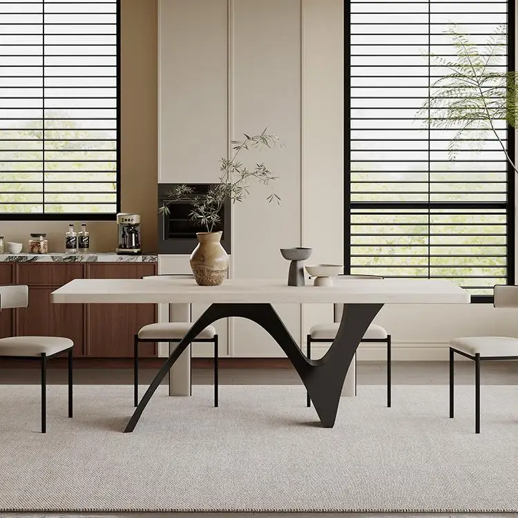 Medieval rectangular light luxury modern simple dining table French retro travertine rock slab dining table and chairs household
Medieval rectangular light luxury modern simple dining table French retro travertine rock slab dining table and chairs household