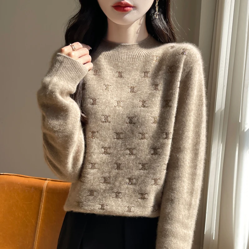 Women Fine Wool Thickening Sweater Half-high Collar Leaf studded With Diamonds Pullover Female Knitted Basis Tops Autumn Winter
Women Fine Wool Thickening Sweater Half-high Collar Leaf studded With Diamonds Pullover Female Knitted Basis Tops Autumn Winter