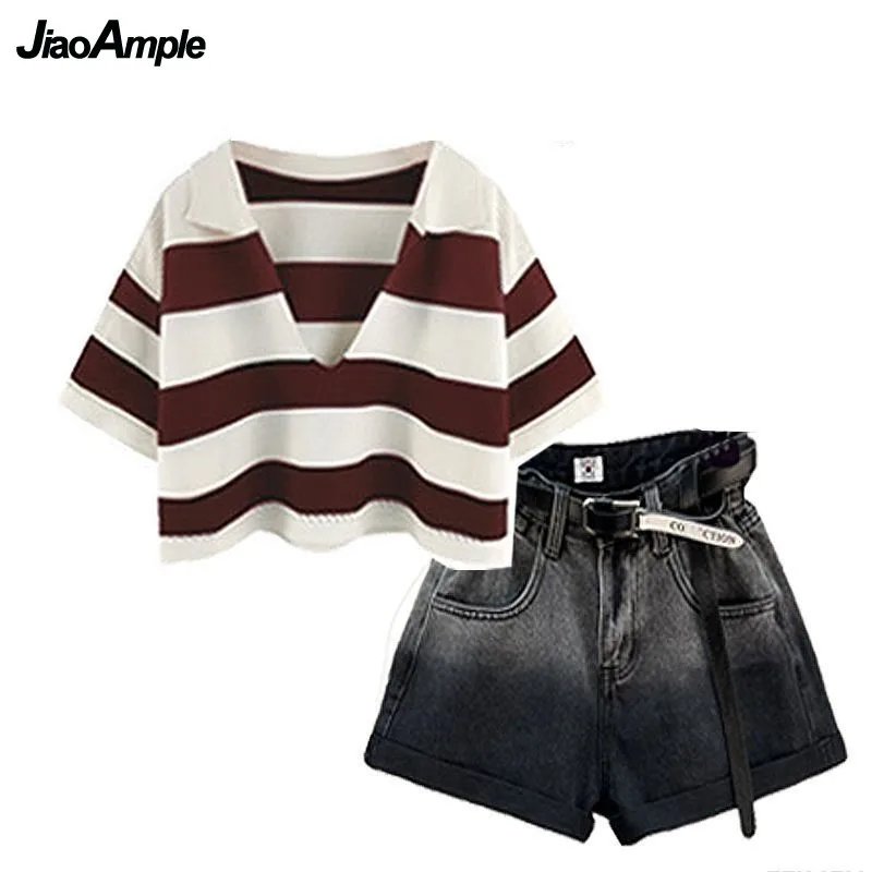 Women's Summer New In Shorts Matching Set Women's 2025 Korean Elegant Knit Striped Short Sleeve Top+Denim Pants Two Piece Suit
Women's Summer New In Shorts Matching Set Women's 2025 Korean Elegant Knit Striped Short Sleeve Top+Denim Pants Two Piece Suit