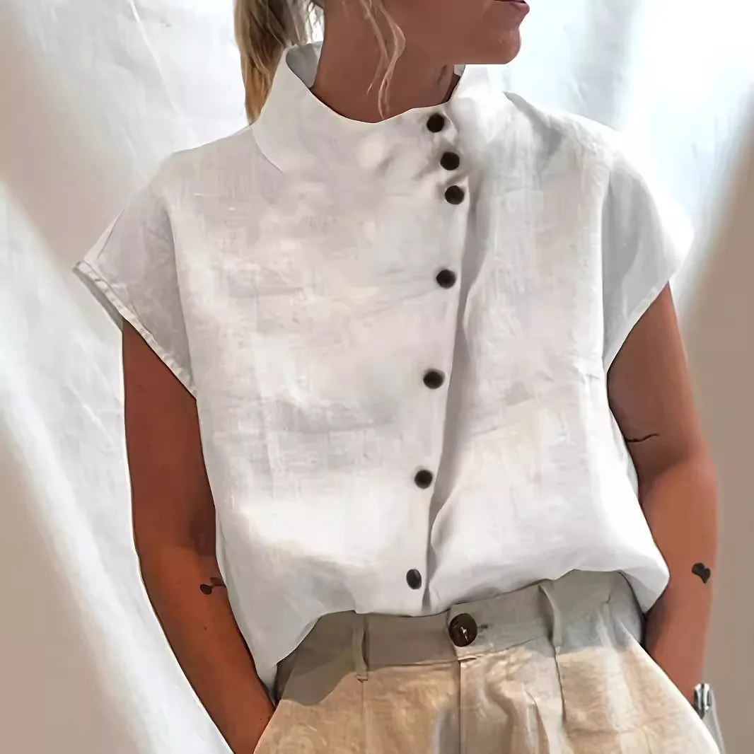 Summer Cotton Short Sleeve Blouse Women 2025 Fashion Button Stand Collar Loose Shirts And Blouses Tops Casual
Summer Cotton Short Sleeve Blouse Women 2025 Fashion Button Stand Collar Loose Shirts And Blouses Tops Casual