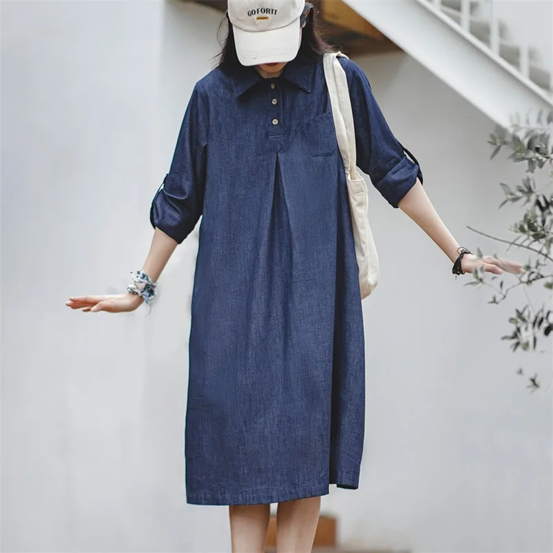 Maden-Women's Japanese Vintage Denim Style Long Dress, Shirt Skirt, Button, Slim, Thin, Black Belt, Atmosphere, Summer
Maden-Women's Japanese Vintage Denim Style Long Dress, Shirt Skirt, Button, Slim, Thin, Black Belt, Atmosphere, Summer