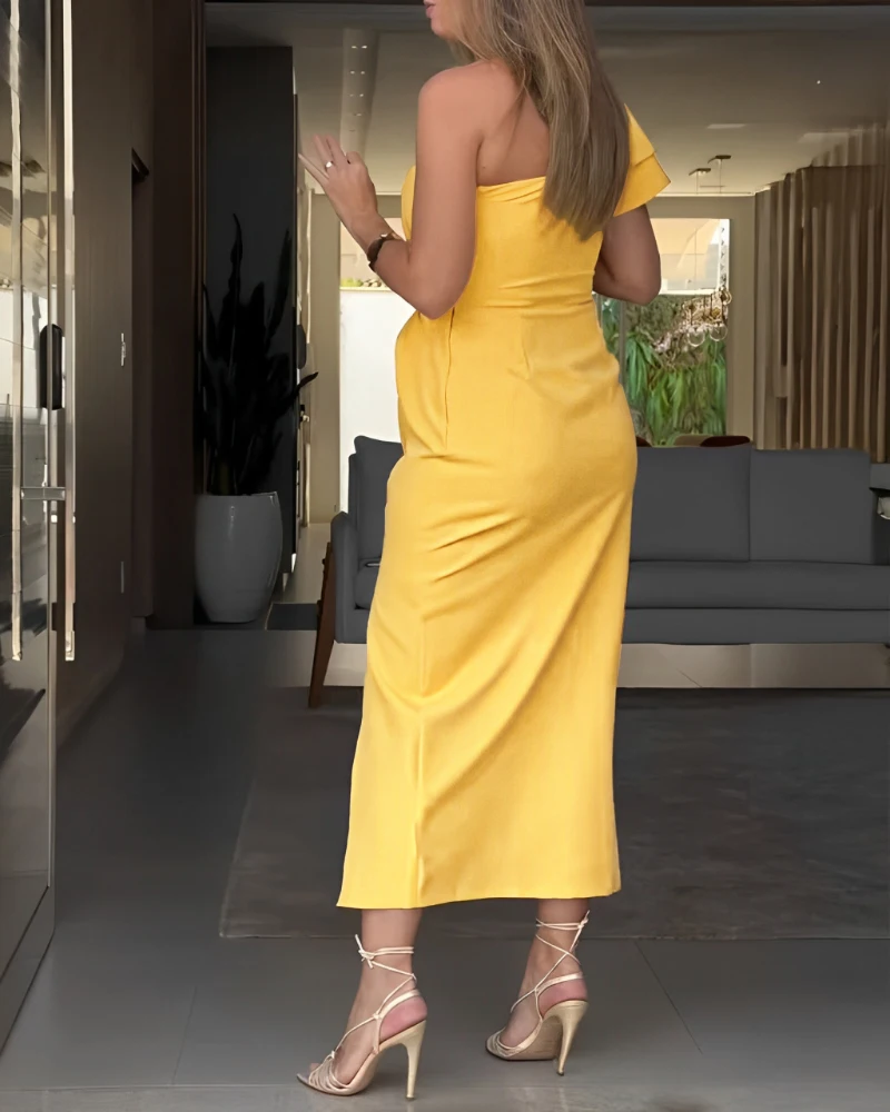 Asymmetric Collar Pleated Hollow Out Dress, Casual Twisted Slit Long Dress, Ladies' Elegant Summer Solid Color Slim Fit Dress
Asymmetric Collar Pleated Hollow Out Dress, Casual Twisted Slit Long Dress, Ladies' Elegant Summer Solid Color Slim Fit Dress