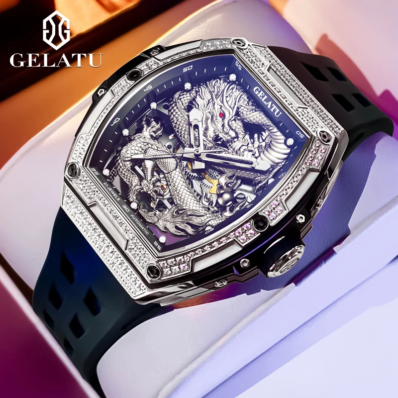 GELATU 6021, часы с полым драконом, полностью автоматический механизм, наручные часы с бриллиантами, водостойкий силиконовый ремешок, механические мужские часы
GELATU 6021, часы с полым драконом, полностью автоматический механизм, наручные часы с бриллиантами, водостойкий силиконовый ремешок, механические мужские часы