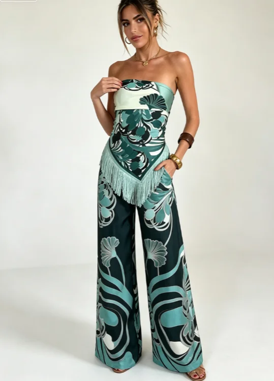 Elegant Teal Bohemian Two-Piece Set Silky Fabric Strapless Fringe Top & High Waist Wide Leg Pants Vacation Resort Co-ord Outfit
Elegant Teal Bohemian Two-Piece Set Silky Fabric Strapless Fringe Top & High Waist Wide Leg Pants Vacation Resort Co-ord Outfit