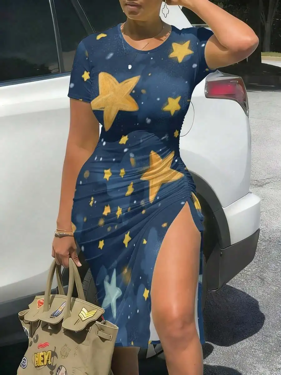 Womens Starry Night Sky Print Dress With Side Slit And Ruched Detail
Womens Starry Night Sky Print Dress With Side Slit And Ruched Detail