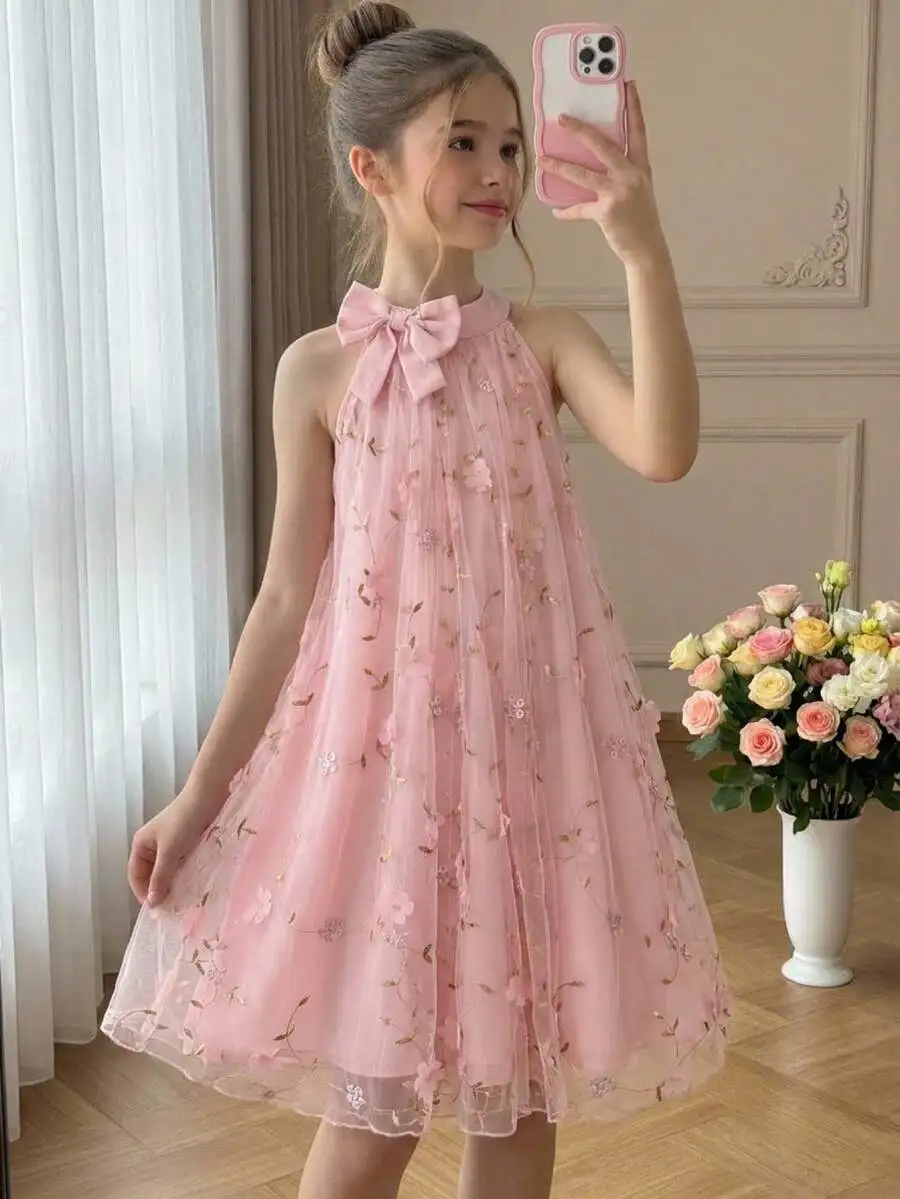 Pink Embroidered Mesh Sleeveless Dress With Bow Neckline A-Line Mini
Pink Embroidered Mesh Sleeveless Dress With Bow Neckline A-Line Mini
