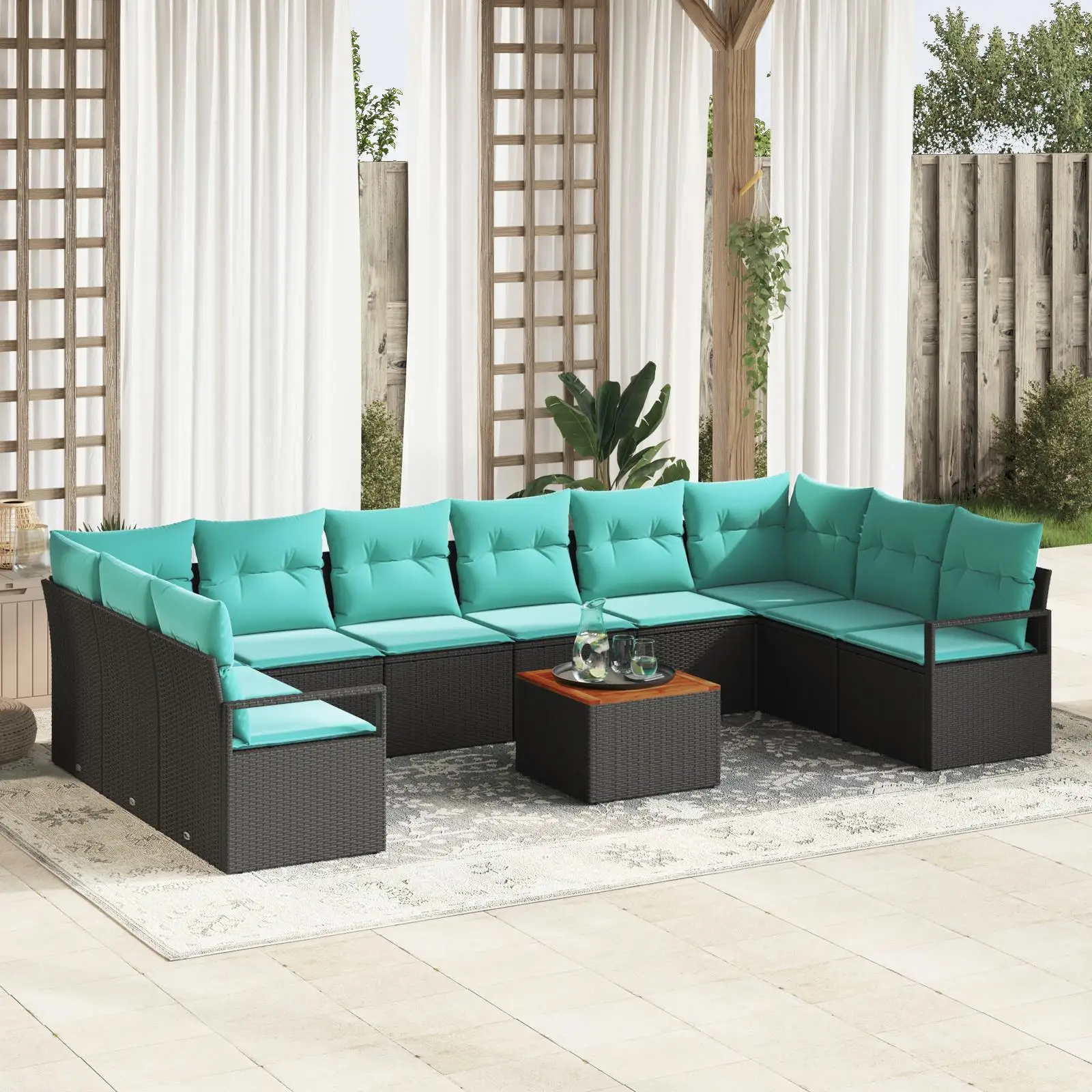 Luxury 11 Piece Outdoor Garden Sofa Set with Cushions Black Poly Rattan and Acacia Wood for Patio or Backyard 
Luxury 11 Piece Outdoor Garden Sofa Set with Cushions Black Poly Rattan and Acacia Wood for Patio or Backyard