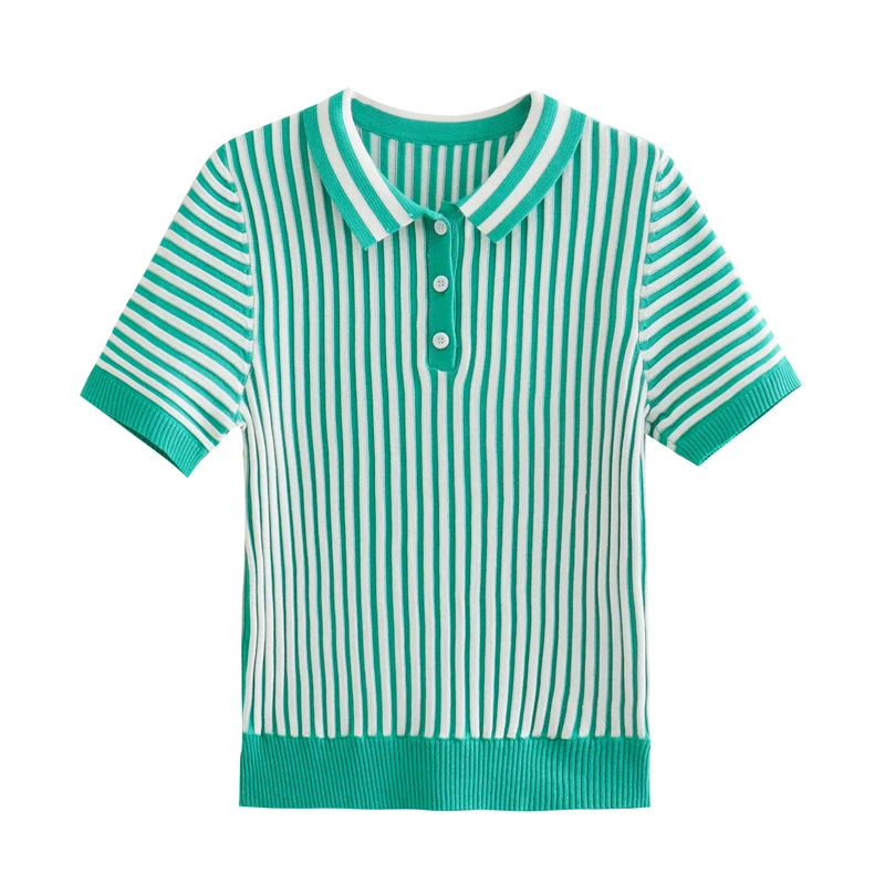 Striped Knitted Polo Collar T-shirt Winter Green Short sleeved Women's T Short Style Casual Versatile Show Thin Polo Shirt
Striped Knitted Polo Collar T-shirt Winter Green Short sleeved Women's T Short Style Casual Versatile Show Thin Polo Shirt