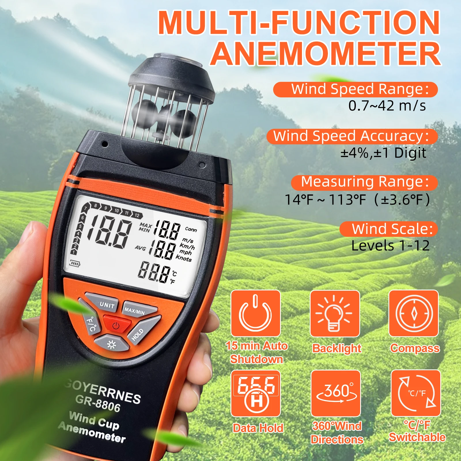 New Cup Anemometer Portable High Accuracy 0.7-42m/s Wind Speed meter&Temperature LCD Backlight MAX/MIN Records Tripod Compatible
New Cup Anemometer Portable High Accuracy 0.7-42m/s Wind Speed meter&Temperature LCD Backlight MAX/MIN Records Tripod Compatible