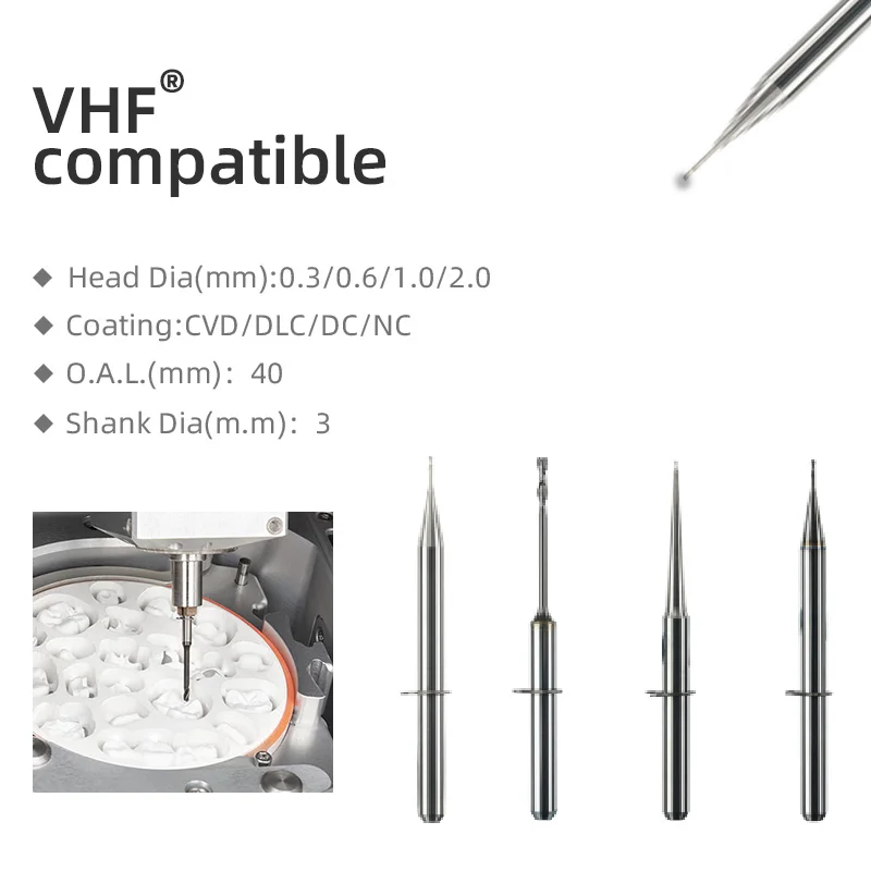 40mm Solid Carbide End Mills Kit (0.3MM 0.6MM 1.0MM 2.0MM) VHF K5 Compatible Cad Cam Burs for Dental PMMA Resin Wax Blank
40mm Solid Carbide End Mills Kit (0.3MM 0.6MM 1.0MM 2.0MM) VHF K5 Compatible Cad Cam Burs for Dental PMMA Resin Wax Blank