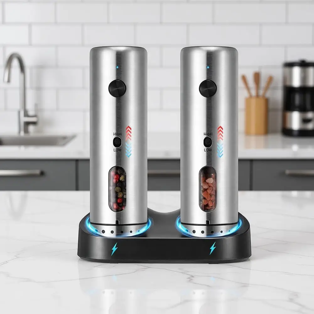 Rechargeable Stainless Steel Salt Grinder Set with Adjustable Coarseness, LED Light, Silver
Rechargeable Stainless Steel Salt Grinder Set with Adjustable Coarseness, LED Light, Silver