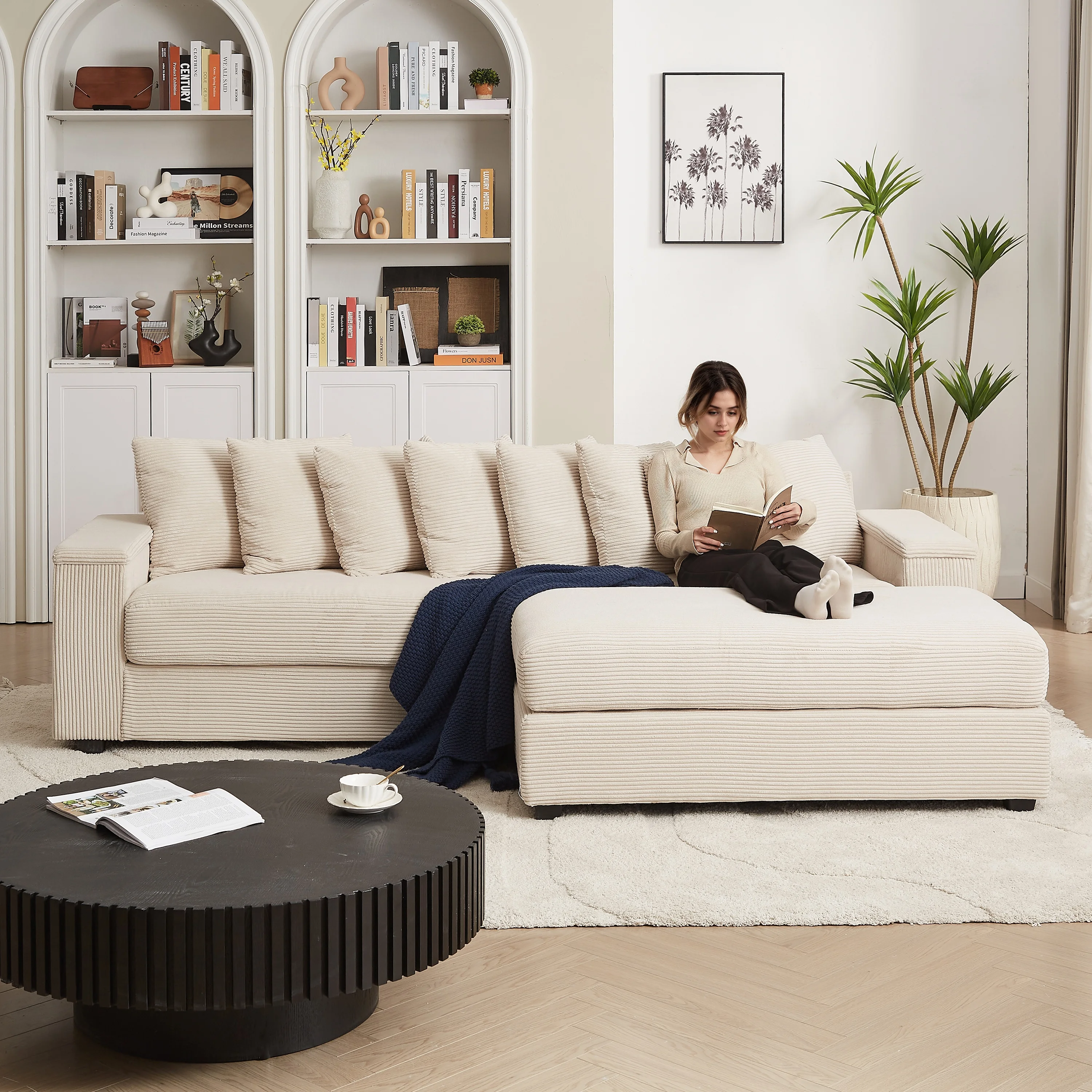 100" L-Shaped Chaise Sofa, Corduroy, 8 Pillows, Dual Armrest Storage, Movable Ottoman - Solid Wood Frame for Living/Apartment
100" L-Shaped Chaise Sofa, Corduroy, 8 Pillows, Dual Armrest Storage, Movable Ottoman - Solid Wood Frame for Living/Apartment