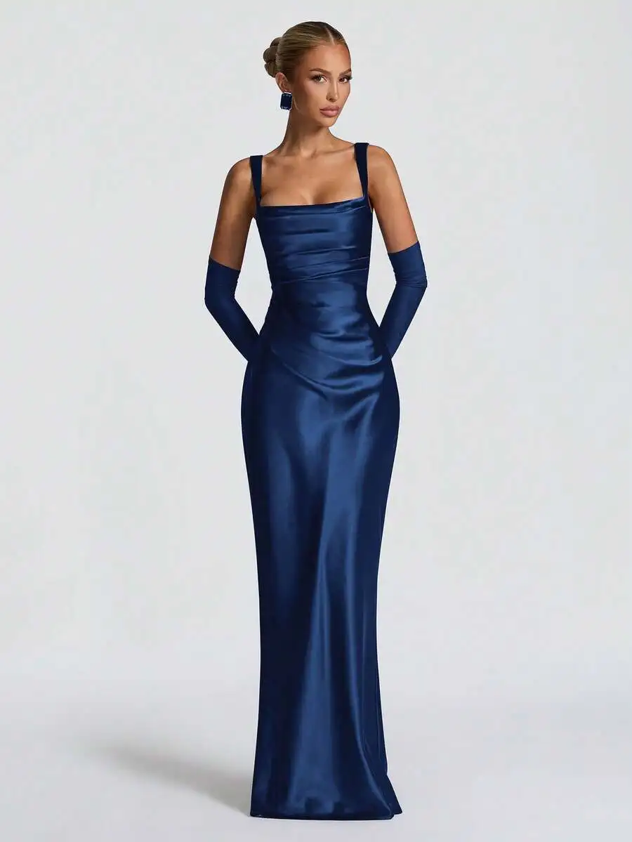 Navy Blue Satin Cinched Waist Bodycon Slip Gown for Evening Events
Navy Blue Satin Cinched Waist Bodycon Slip Gown for Evening Events