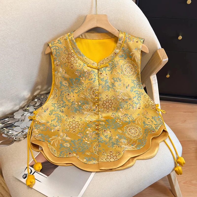 Spring Fall Women Dobby Floral Sleeveless Yellow Irregular Imitation Silk Vest Coat , Woman Vintage Chinese Tyle Vests Coats
Spring Fall Women Dobby Floral Sleeveless Yellow Irregular Imitation Silk Vest Coat , Woman Vintage Chinese Tyle Vests Coats