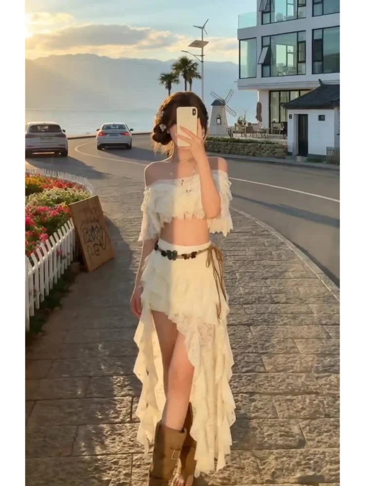 Sweet Lace Sexy Top Asymmetrical Split Long Dress Holiday Style Set Casual Loose Fit Spring Summer New Arrival Women's Fashion
Sweet Lace Sexy Top Asymmetrical Split Long Dress Holiday Style Set Casual Loose Fit Spring Summer New Arrival Women's Fashion
