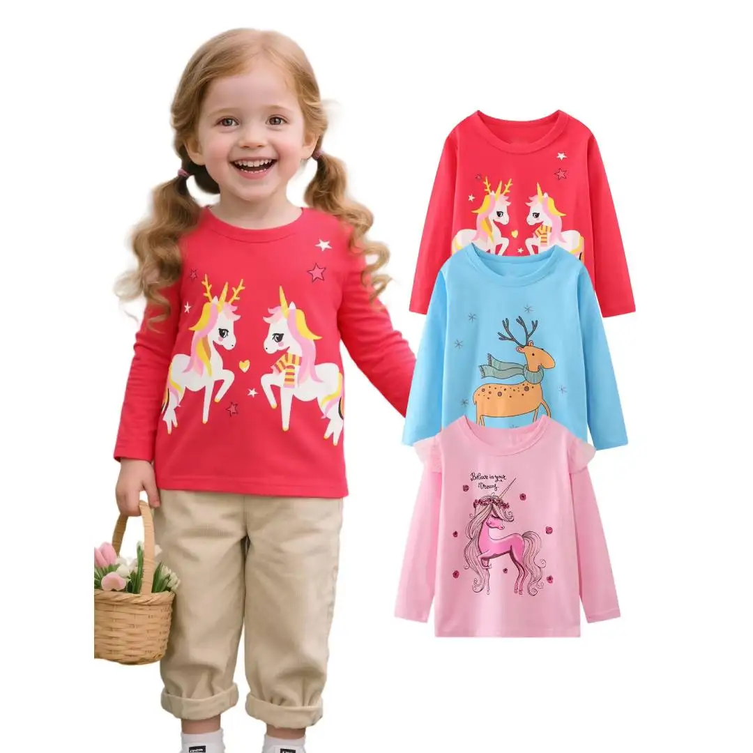 Three piece girls' long sleeved pure cotton round neck cartoon unicorn pattern outdoor casual autumn and winter T-shirt 2-8Y
Three piece girls' long sleeved pure cotton round neck cartoon unicorn pattern outdoor casual autumn and winter T-shirt 2-8Y
