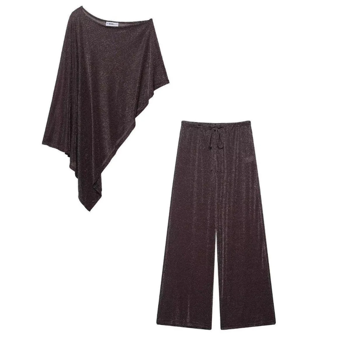 Women's American Style Metallic Color Cape Coat Brown Glitter Off Shoulder Top And Wide Leg Pants Two Piece Set Pure Desire 833I
Women's American Style Metallic Color Cape Coat Brown Glitter Off Shoulder Top And Wide Leg Pants Two Piece Set Pure Desire 833I