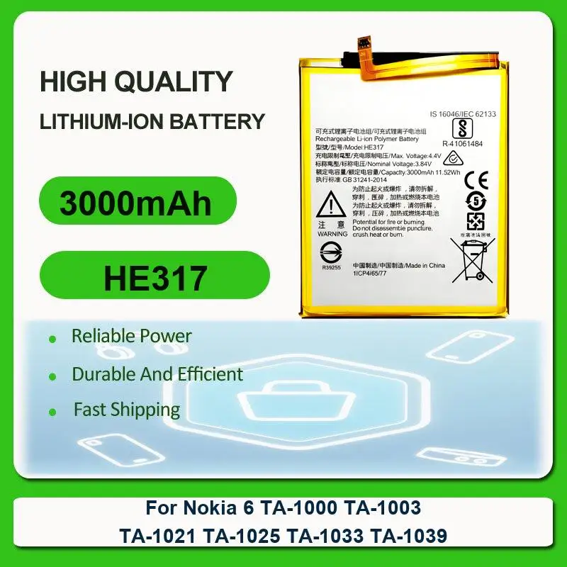 Battery For Nokia 6 TA-1000 TA-1003 TA-1021 TA-1025 TA-1033 TA-1039 7 7.1 TA-1041 9 PureView TA-1082 TA-1087 3 TA-1020 TA-1028
Battery For Nokia 6 TA-1000 TA-1003 TA-1021 TA-1025 TA-1033 TA-1039 7 7.1 TA-1041 9 PureView TA-1082 TA-1087 3 TA-1020 TA-1028