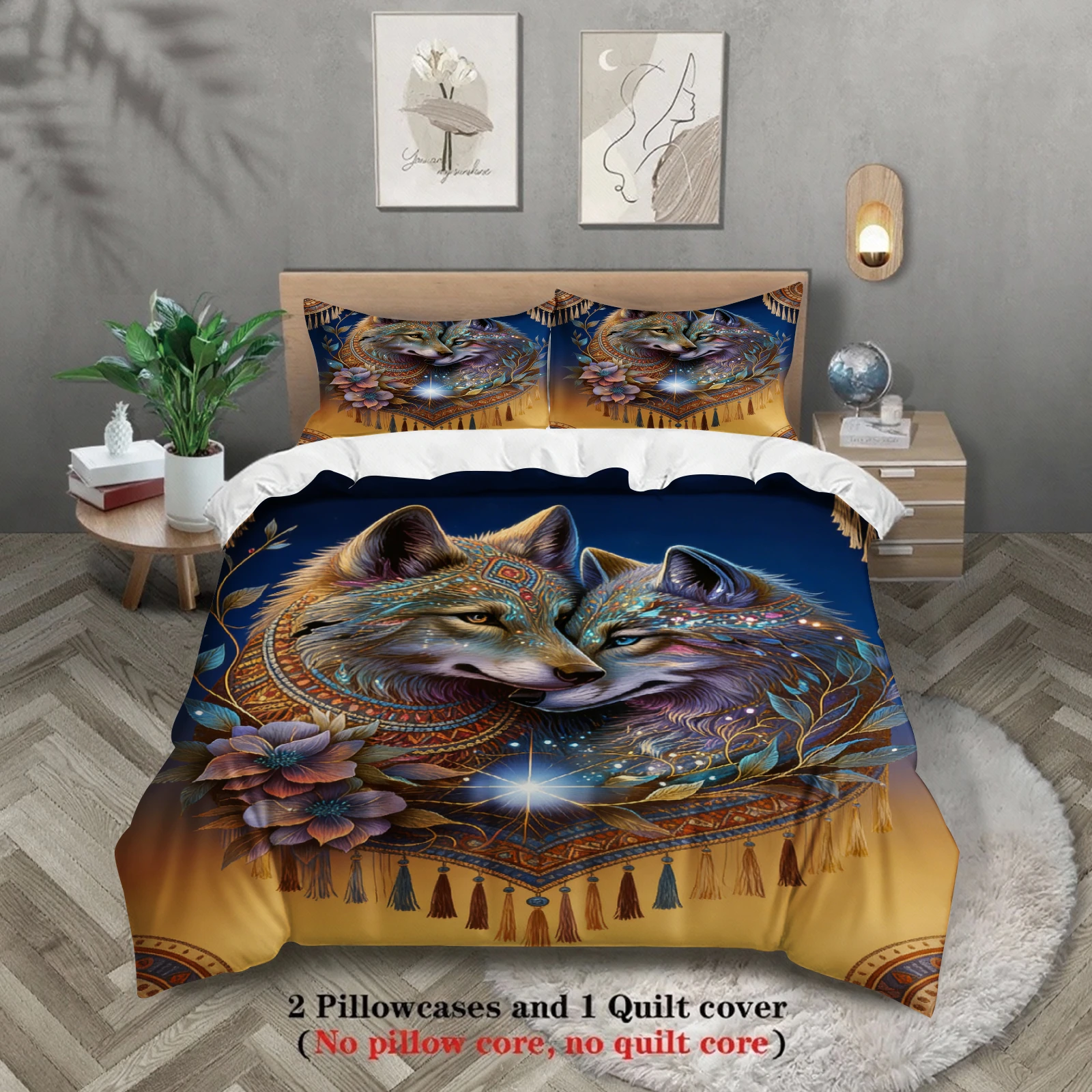 Wolf Couple Bedding Set Blue And Gold Mandala Floral Pattern Duvet Cover Pillowcases Wrinkle-Free For Bedroom Decor
Wolf Couple Bedding Set Blue And Gold Mandala Floral Pattern Duvet Cover Pillowcases Wrinkle-Free For Bedroom Decor