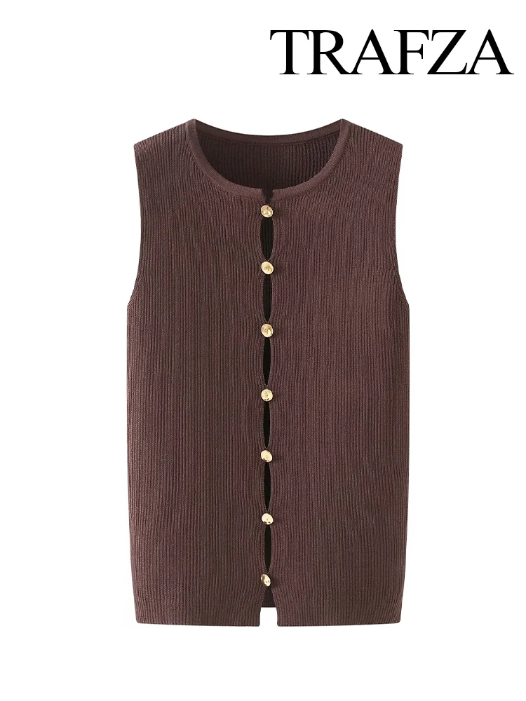 TRAFZA Women Autumn Fashion Crew Neck Sleeveless Metal Button Knitted Slim Vest Female Elegant Simple Hollow Out Casual Vest Top
TRAFZA Women Autumn Fashion Crew Neck Sleeveless Metal Button Knitted Slim Vest Female Elegant Simple Hollow Out Casual Vest Top