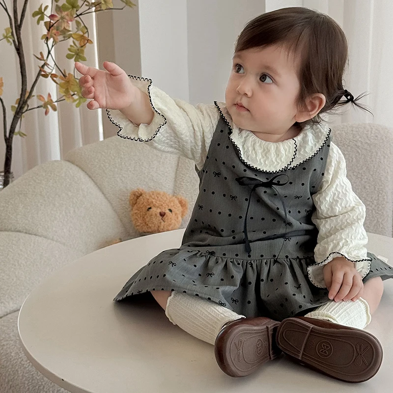 Autumn Korean Toddler Girl Set Peter Pan Collar Long Sleeve Top & Polka Dot Bowknot Vest Dress Girls Fashion Clothing
Autumn Korean Toddler Girl Set Peter Pan Collar Long Sleeve Top & Polka Dot Bowknot Vest Dress Girls Fashion Clothing