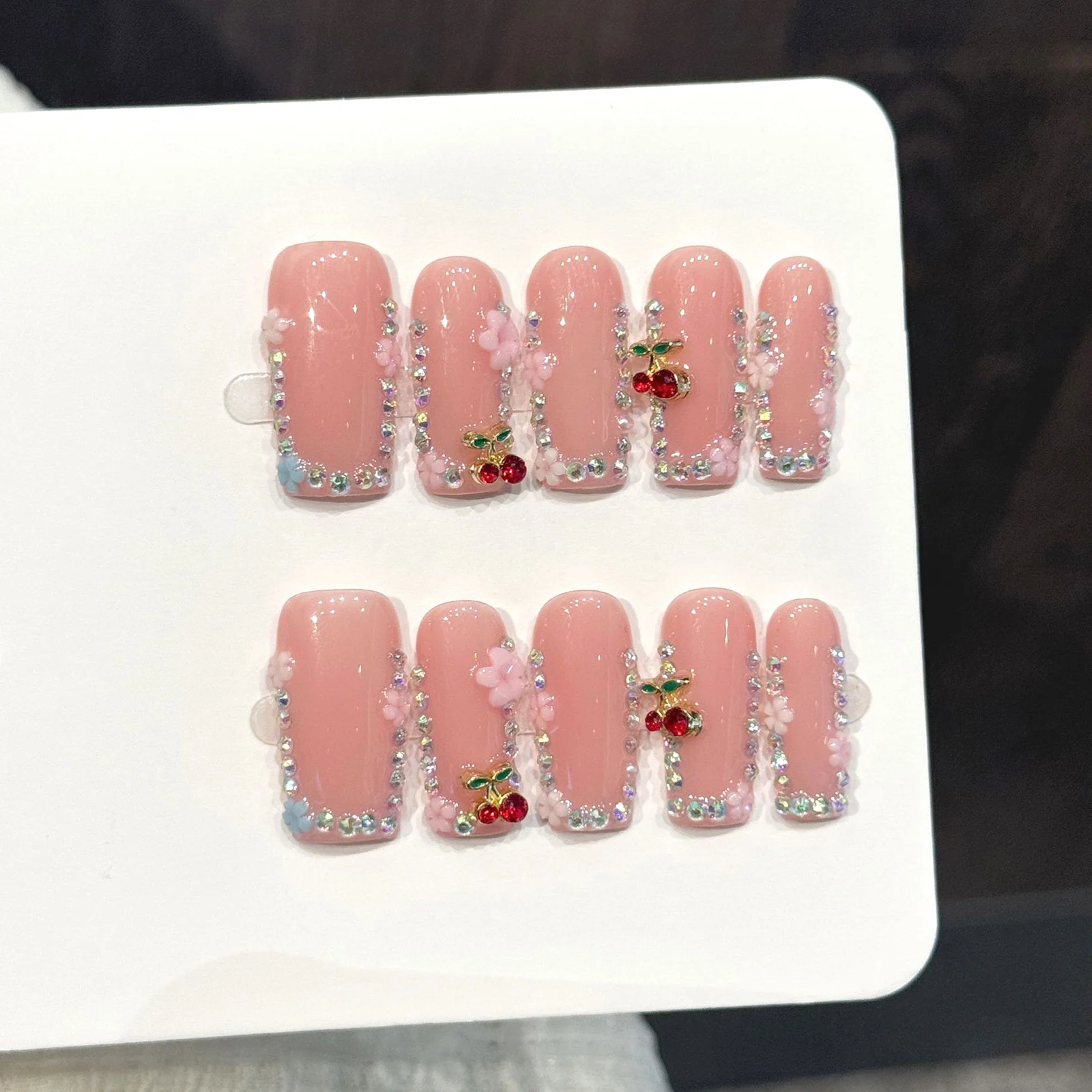 10pcs Handmade Long Rectangle Fake Nails with 3D Cherry Rhinestone Design French Coffin Press on nails Wearable False Nails
10pcs Handmade Long Rectangle Fake Nails with 3D Cherry Rhinestone Design French Coffin Press on nails Wearable False Nails