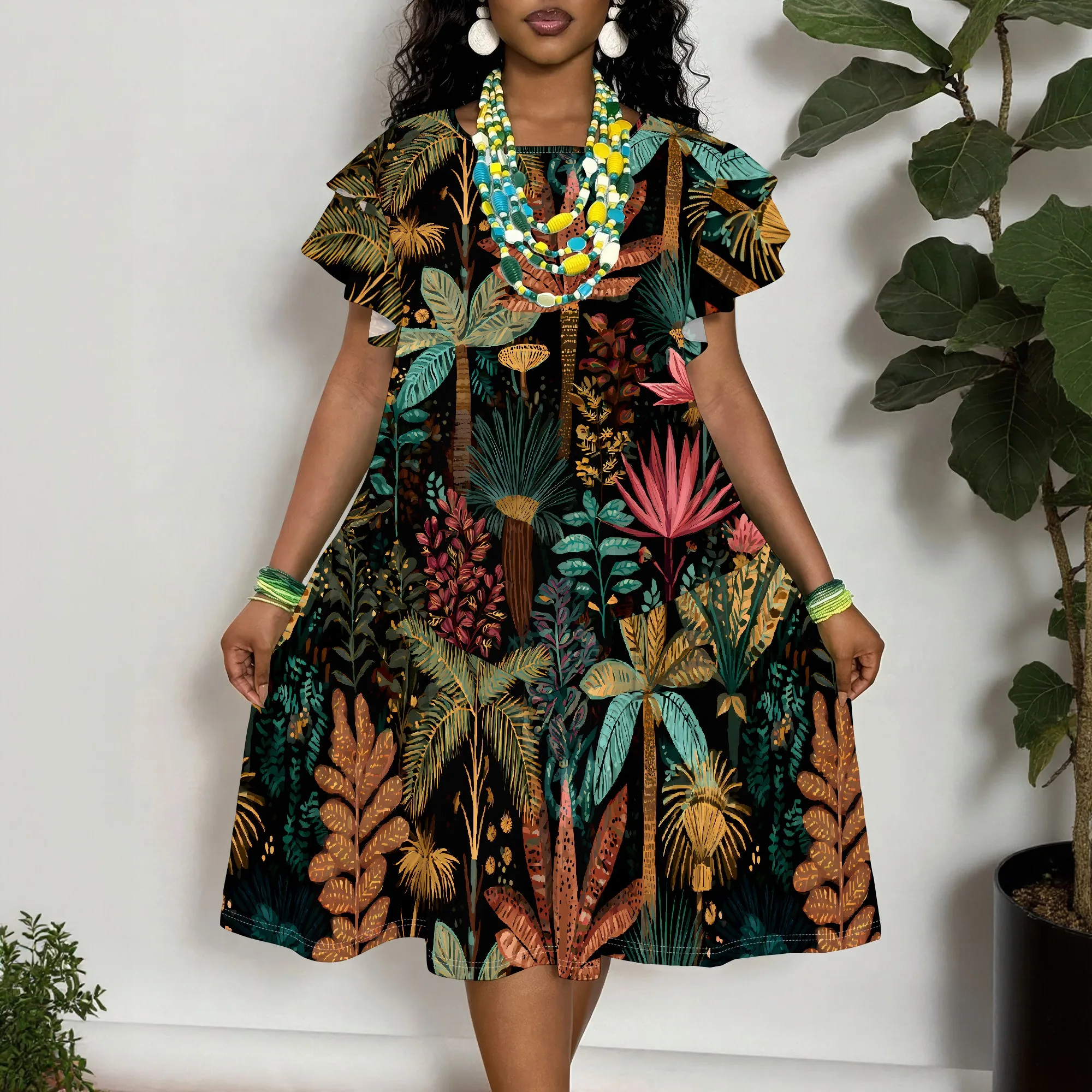 Tropical Leaf Print Short Sleeve Dress for Women, Plus Size XL-6XL Summer Casual A-Line Mini Dress with Ruffle Sleeves
Tropical Leaf Print Short Sleeve Dress for Women, Plus Size XL-6XL Summer Casual A-Line Mini Dress with Ruffle Sleeves