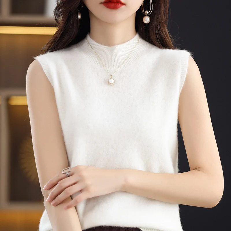 Sleeveless Cashmere Pullover For Women's Casual Half High Collar Solid Wool Sweater Spring Autumn Sleeveless Knitted T-Shirt
Sleeveless Cashmere Pullover For Women's Casual Half High Collar Solid Wool Sweater Spring Autumn Sleeveless Knitted T-Shirt