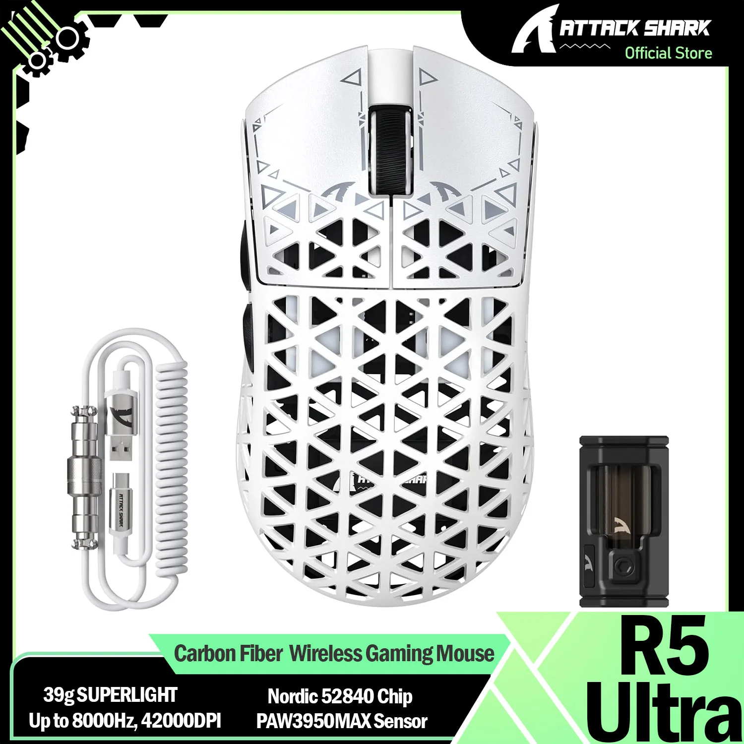 ATTACK SHARK R5 Ultra 39g Carbon Fiber 8000Hz Wireless Gaming Mouse, 42000DPI, PAW3950MAX Sensor, Nordic 52840 Chip, Tri-Mode
ATTACK SHARK R5 Ultra 39g Carbon Fiber 8000Hz Wireless Gaming Mouse, 42000DPI, PAW3950MAX Sensor, Nordic 52840 Chip, Tri-Mode