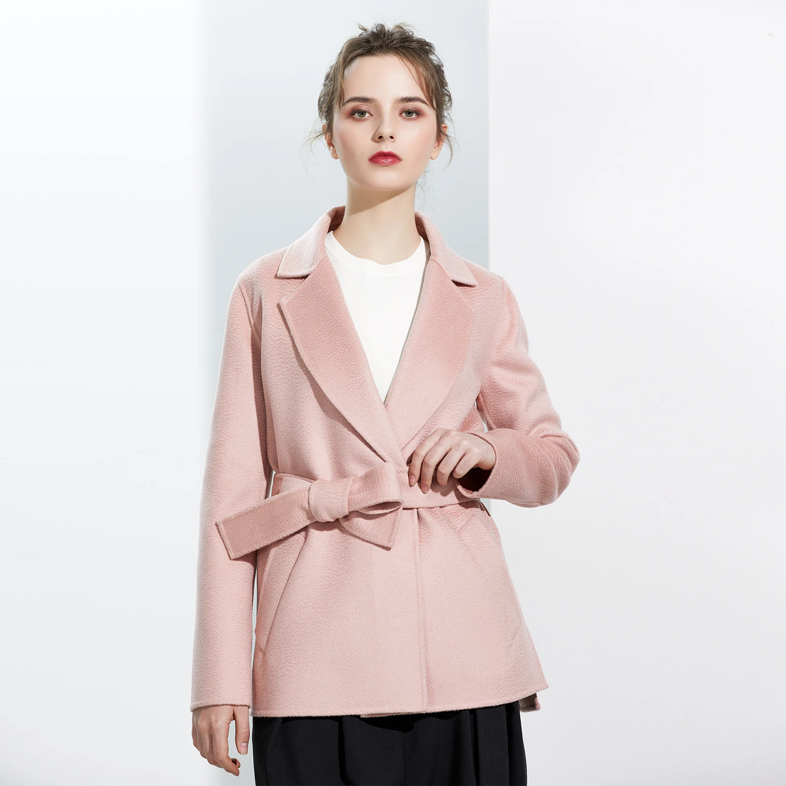 Pure Wool Pink Cheered ort Coat Double Face Tweed Waist Belt Water Wave Patterned Commute Sle Long Sve Suit Jaet
Pure Wool Pink Cheered ort Coat Double Face Tweed Waist Belt Water Wave Patterned Commute Sle Long Sve Suit Jaet