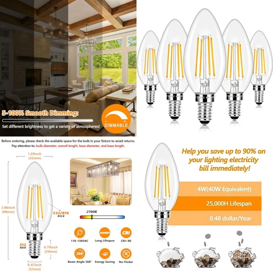 E12 LED Candelabra Bulbs 40 Watt Equivalent, 4W Vintage Candle Light Bulbs Dimmable, 470Lm Warm White 2700K B10 Edison Bulb, Fi
E12 LED Candelabra Bulbs 40 Watt Equivalent, 4W Vintage Candle Light Bulbs Dimmable, 470Lm Warm White 2700K B10 Edison Bulb, Fi